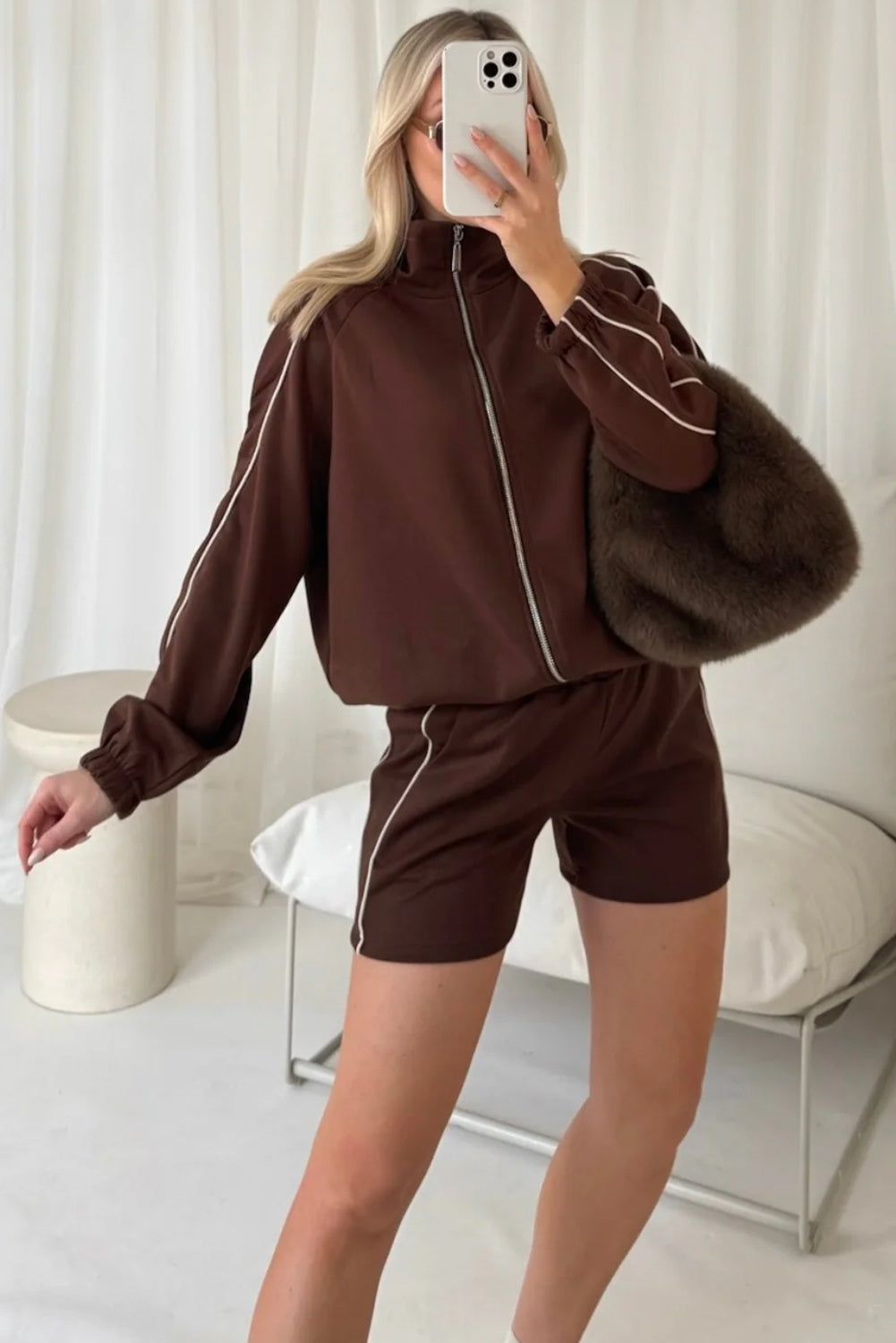 Coffee Contrast Piping Trim Zip Up Stand Neck Jacket Active Shorts 2pcs Outfit