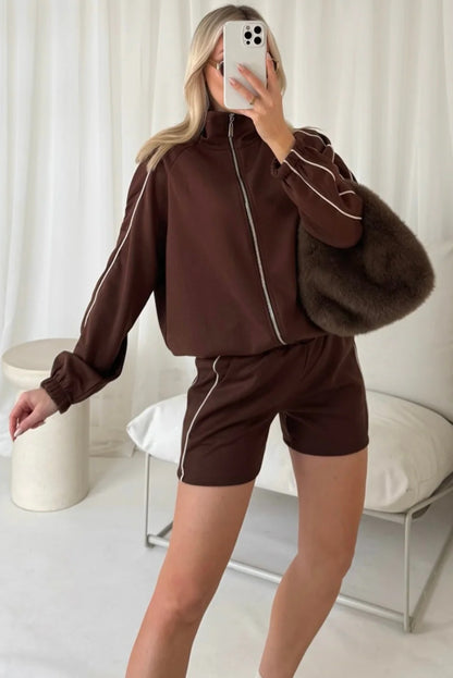 Coffee Contrast Piping Trim Zip Up Stand Neck Jacket Active Shorts 2pcs Outfit