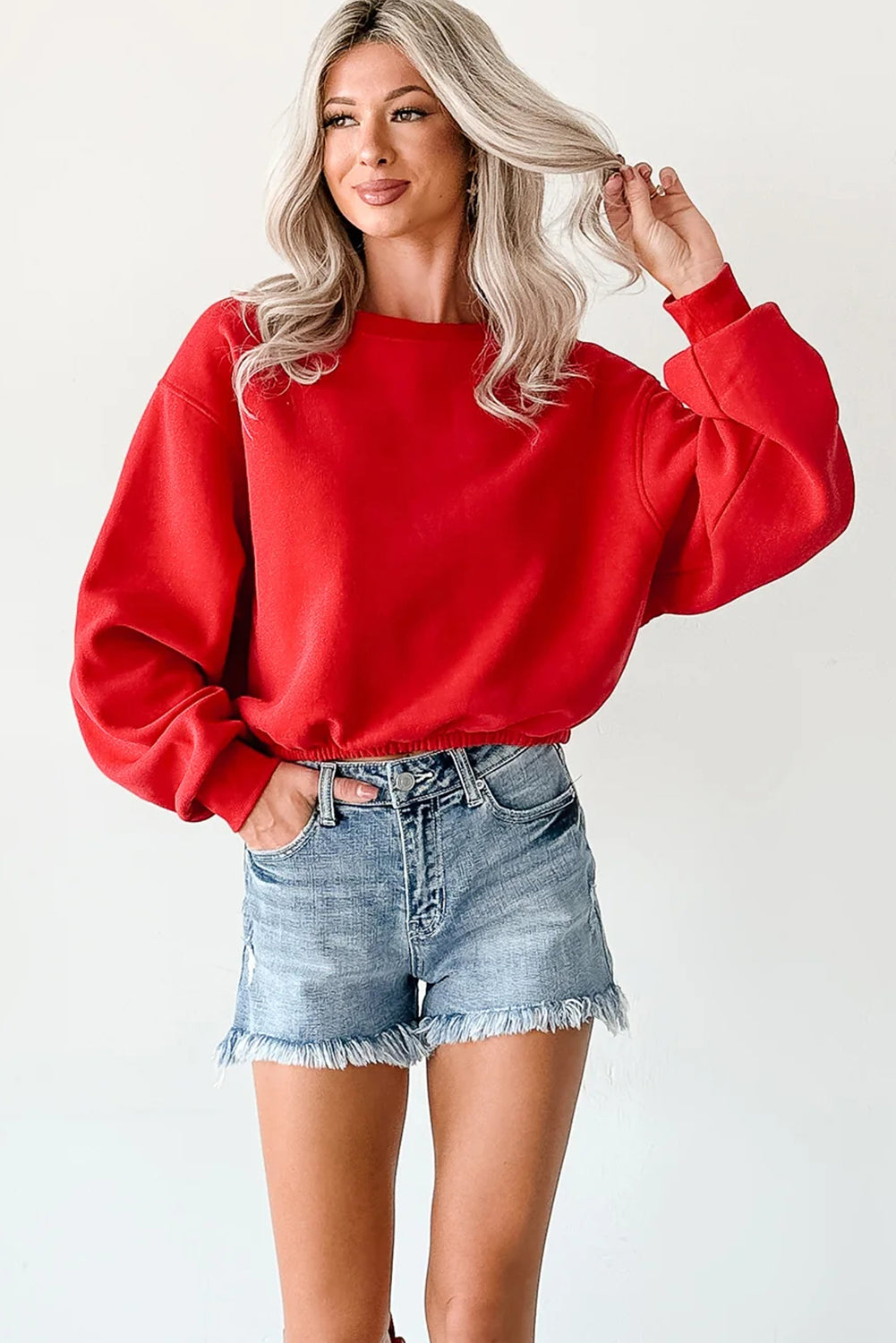 Fiery Red Cropped Elastic Hemline Drop Shoulder Solid Sweatshirt