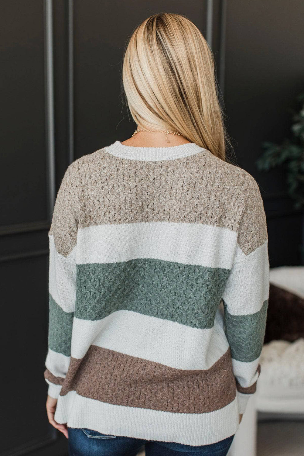 Green Mixed Texture Knit Striped Color Block Loose Sweater