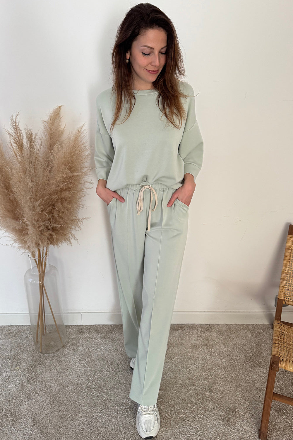 Clearly Aqua 2pcs Drop Shoulder Pullover Drawstring Pants Set