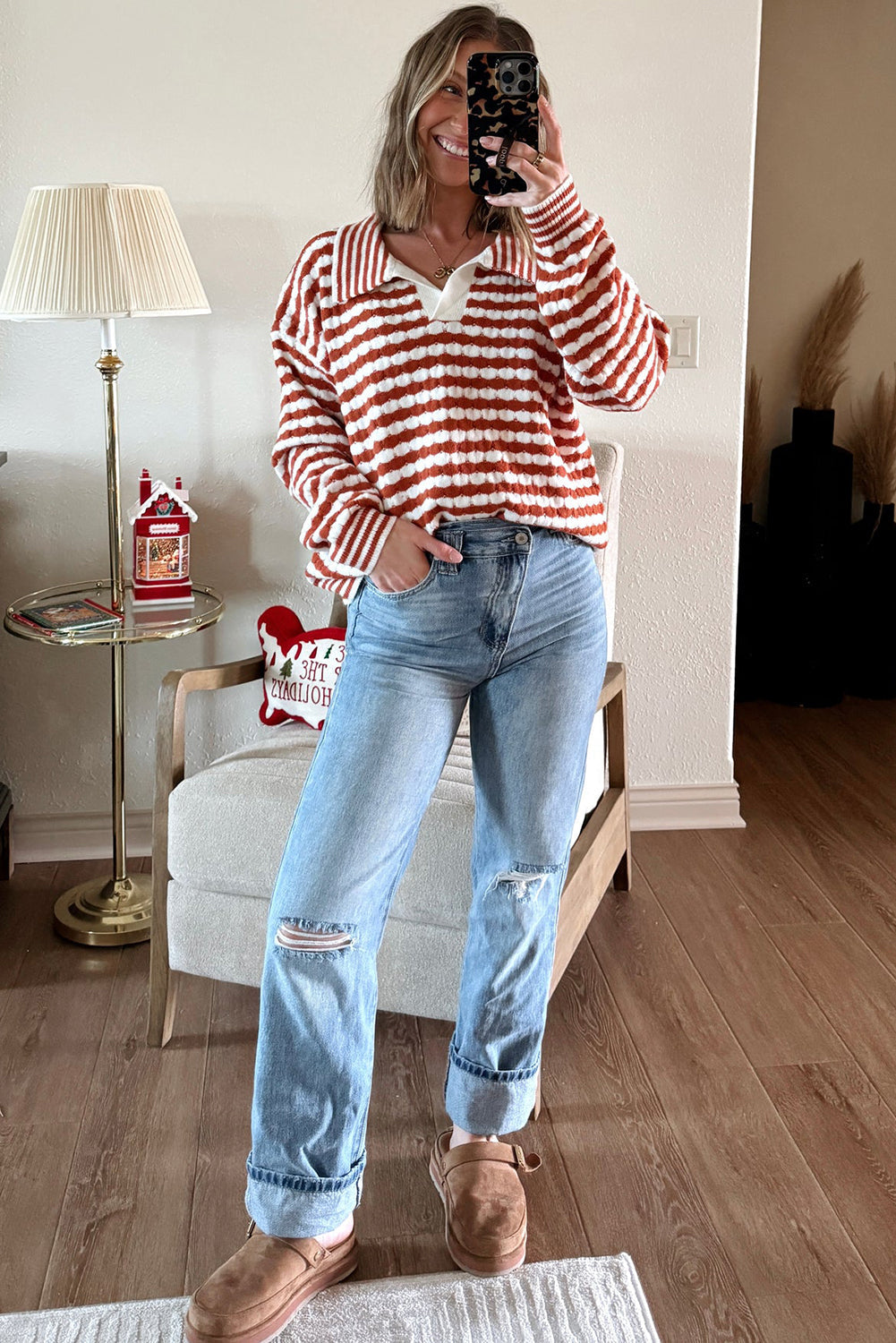 Cinnamon Striped Collared Cozy Sweater