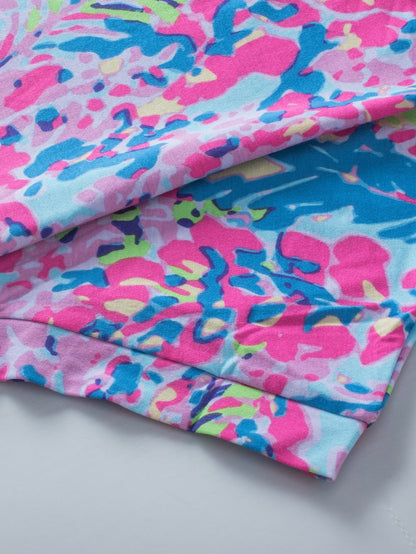 Sky Blue Floral Print Ruffle Sleeve Plus Size V Neck Top