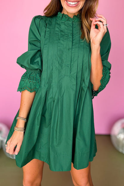 Dark Green Eyelet Embroidered Patchwork Pleated Detail 3/4 Sleeve Mini Dress