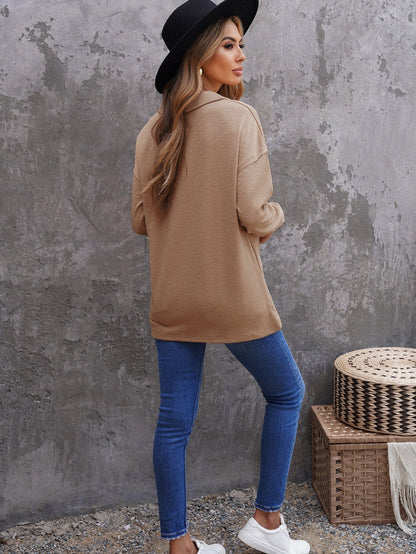 Elegant Khaki Knit Top with Chic Turn-down Neck