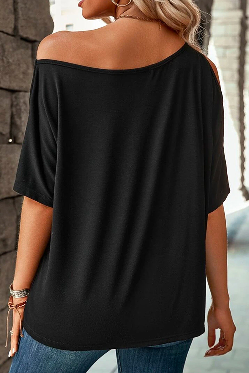 Asymmetric Neck Loose Fit Black T-Shirt with Cut Out Detail
