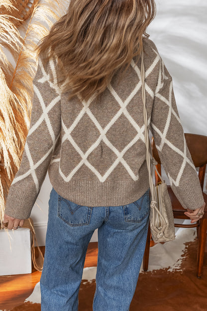 Brown Ribbed Trim V Neck Rhombus Pattern Knit Drop Shoulder Sweater