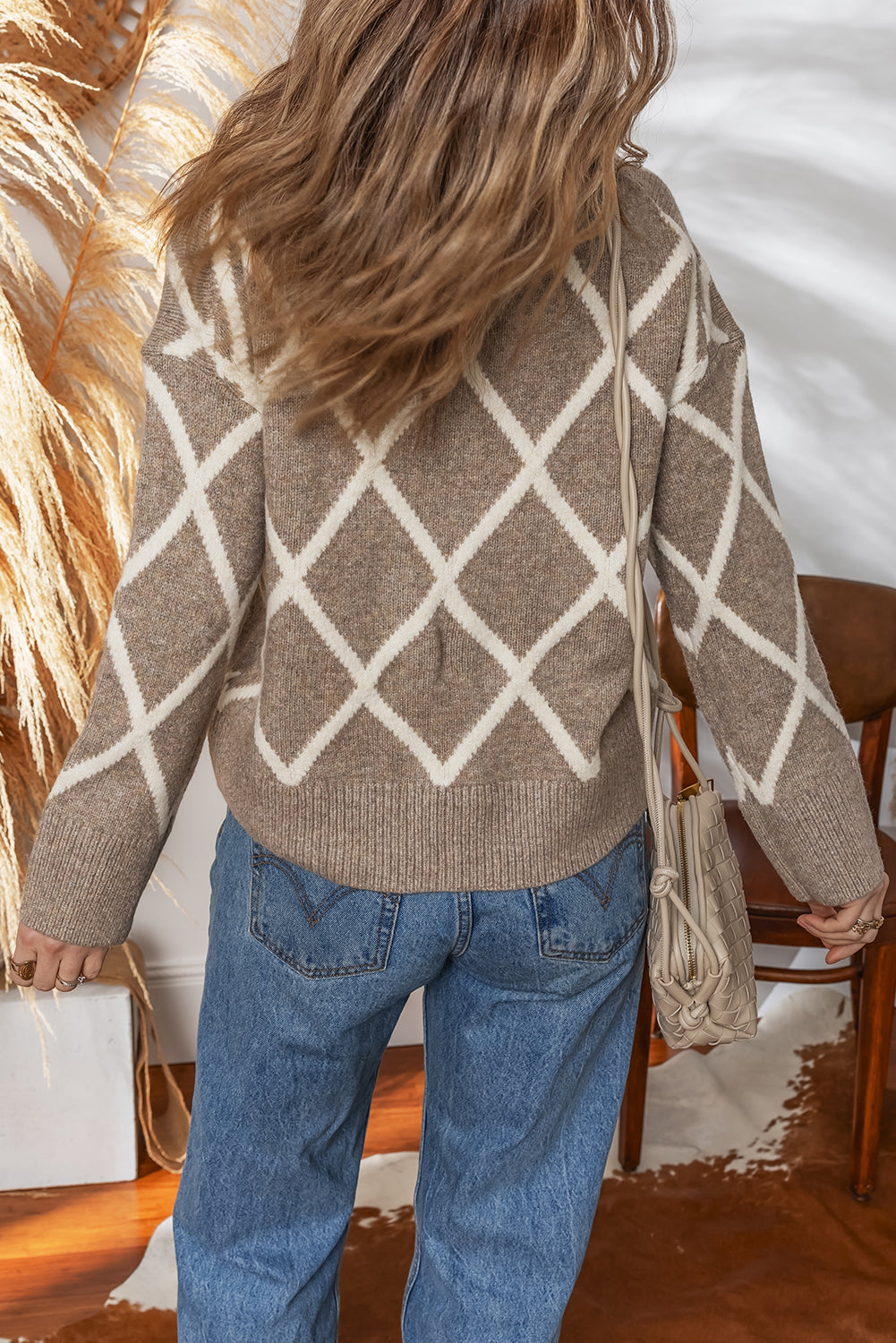 Brown Ribbed Trim V Neck Rhombus Pattern Knit Drop Shoulder Sweater