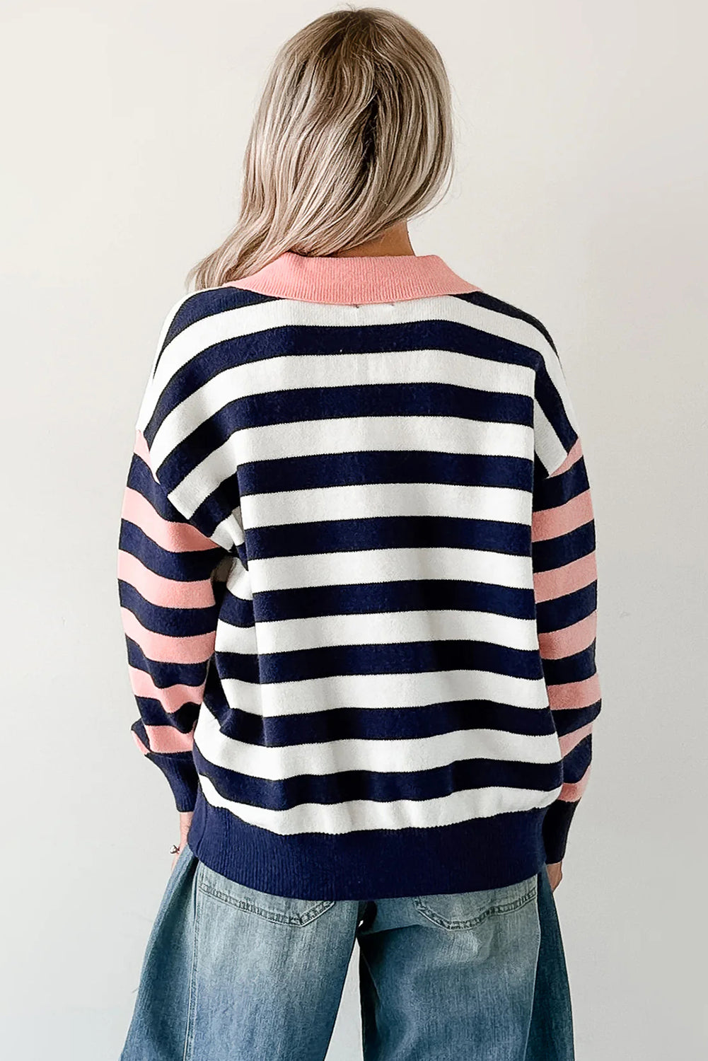 Blue Stripe Drop Shoulder Color Block Sleeve Polo Collar Knit Sweater