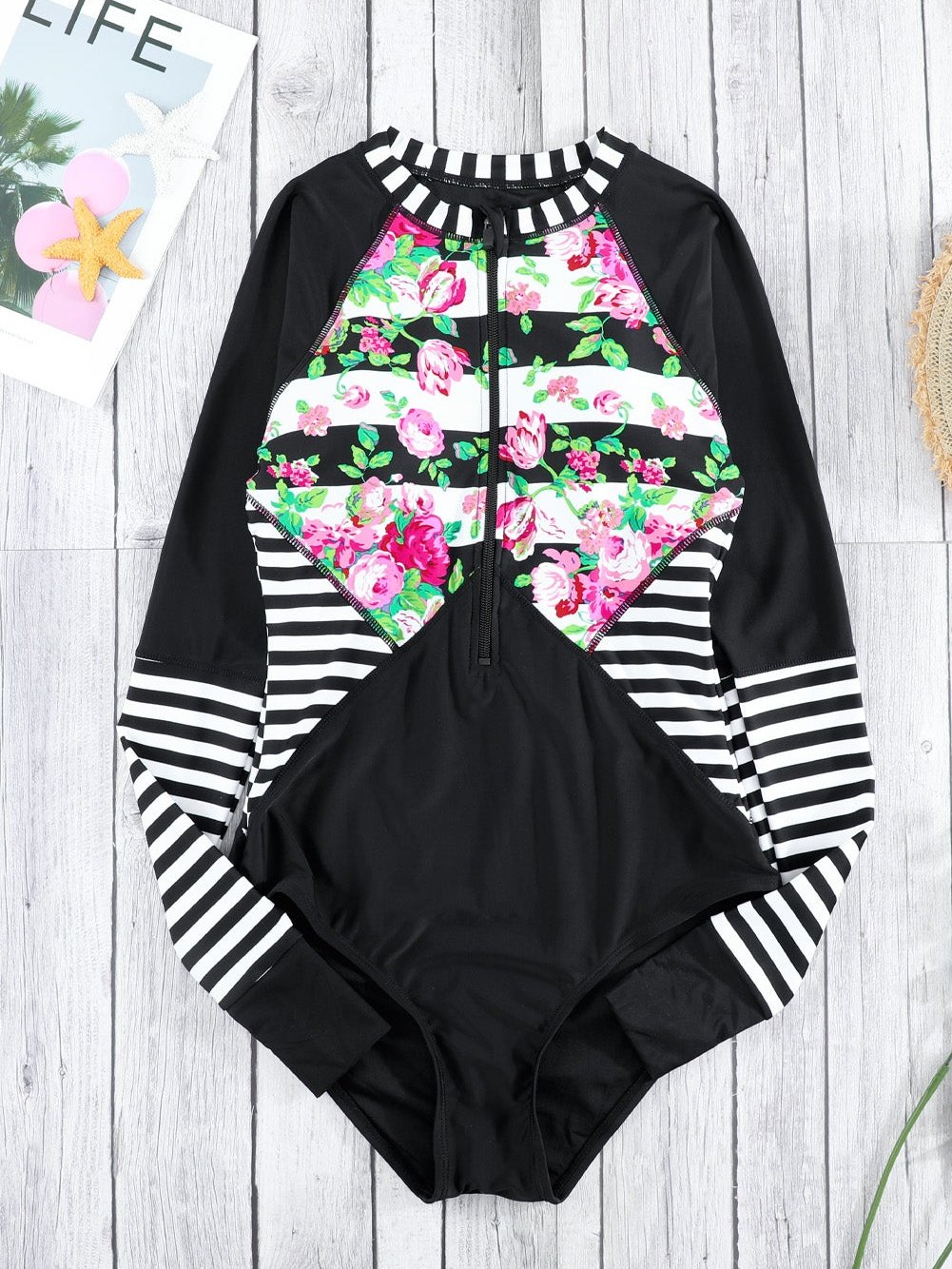 Floral Striped Patchwork Rashguard Swimsuit with Long Sleeves