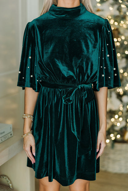 Evergreen Pearl Beading Half Sleeve Mock Neck Belted Velvet Mini Dress