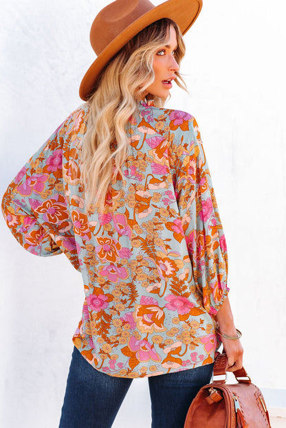 Elegant Floral Ruched V Neck Bohemian Blouse