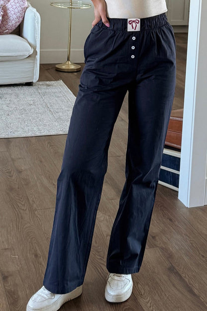 Black Bow Tab Elastic Waist Button Detail Loose Pants