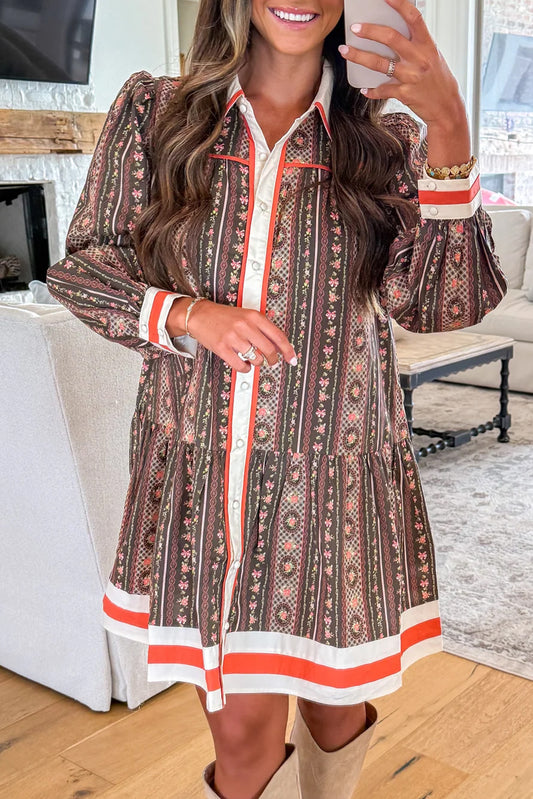 Brown Retro Floral Print Striped Color Block Patchwork Long Sleeve Shirt Dress