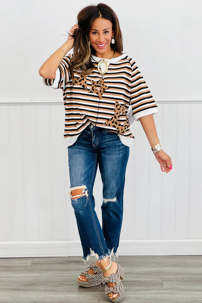 Khaki Stripe Star Patched Exposed Seam Half Sleeve Casual Top