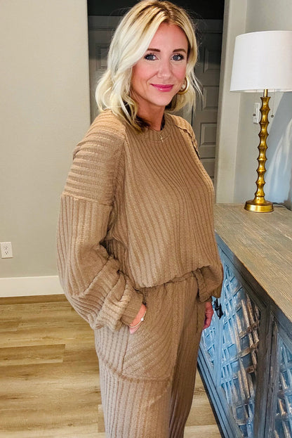 Light French Beige Ribbed Texture Exposed Seam Drop Shoulder Patch Pocket 2pcs Loose Pant Set