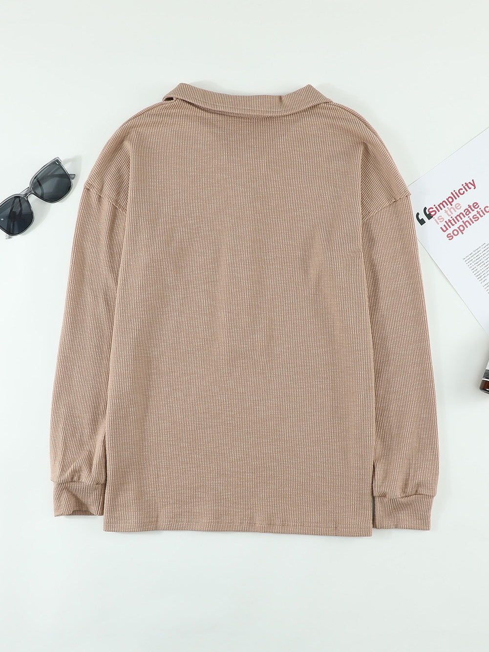 Elegant Khaki Knit Top with Chic Turn-down Neck