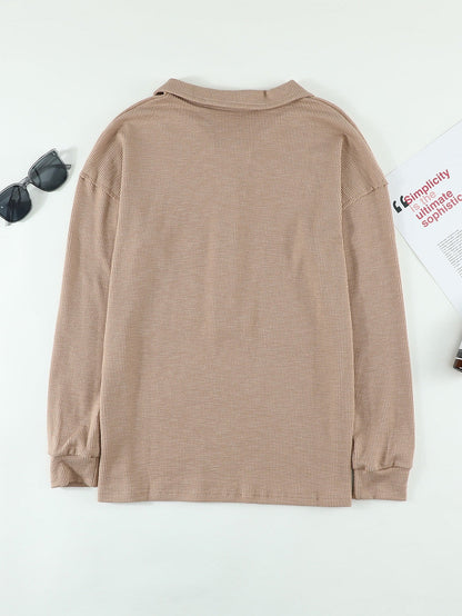 Elegant Khaki Knit Top with Chic Turn-down Neck