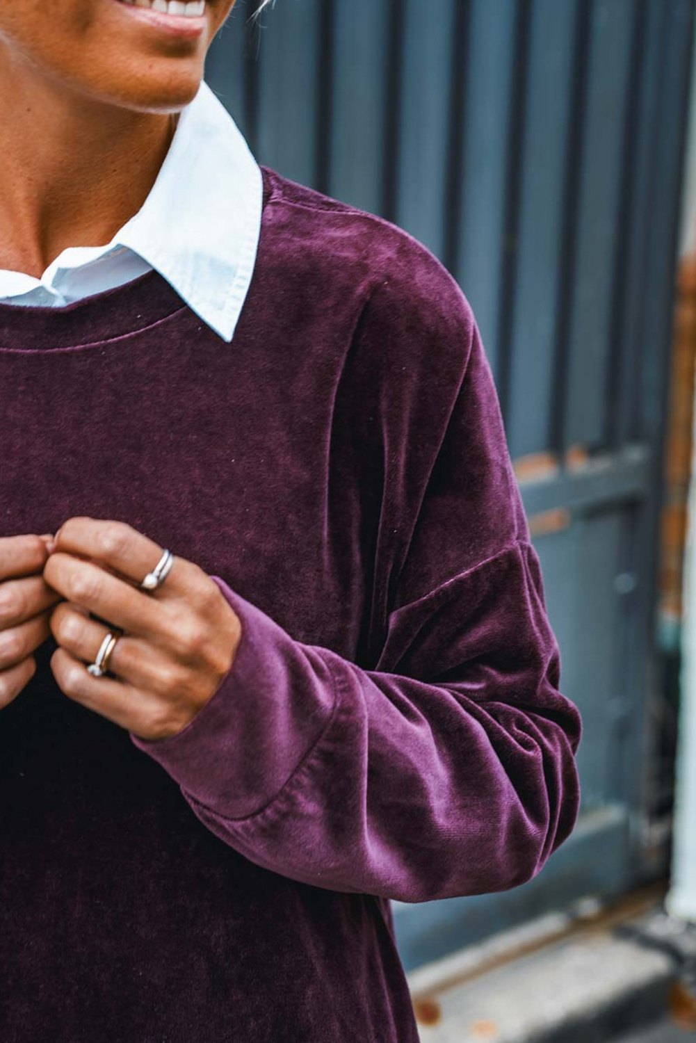 Grape Wine Long Sleeve Drop Shoulder Round Neck Loose Velvet Top