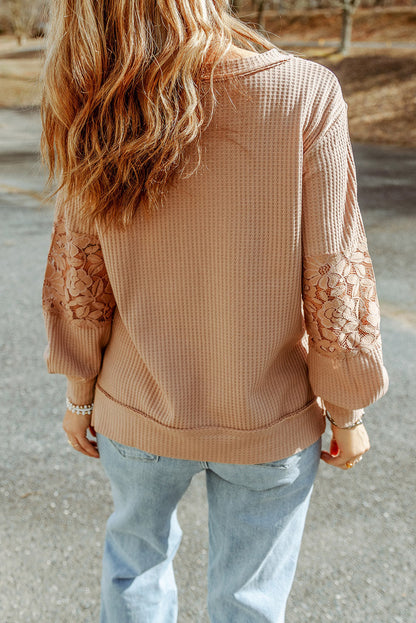 Apricot Strappy V-Neck Lace Waffle Knit Patchwork Top for Plus Size Fashion