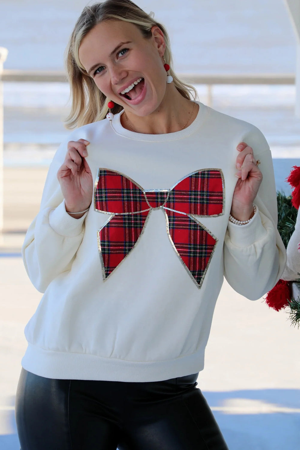 White Sequin Trim Plaid Bow Drop Shoulder Sweatshirt
