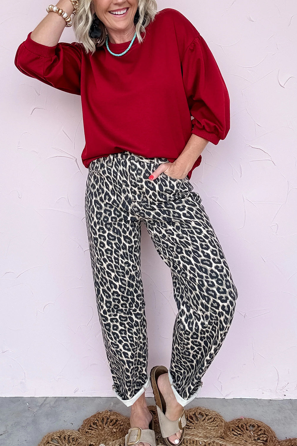 Black Leopard Print Barrel Jeans