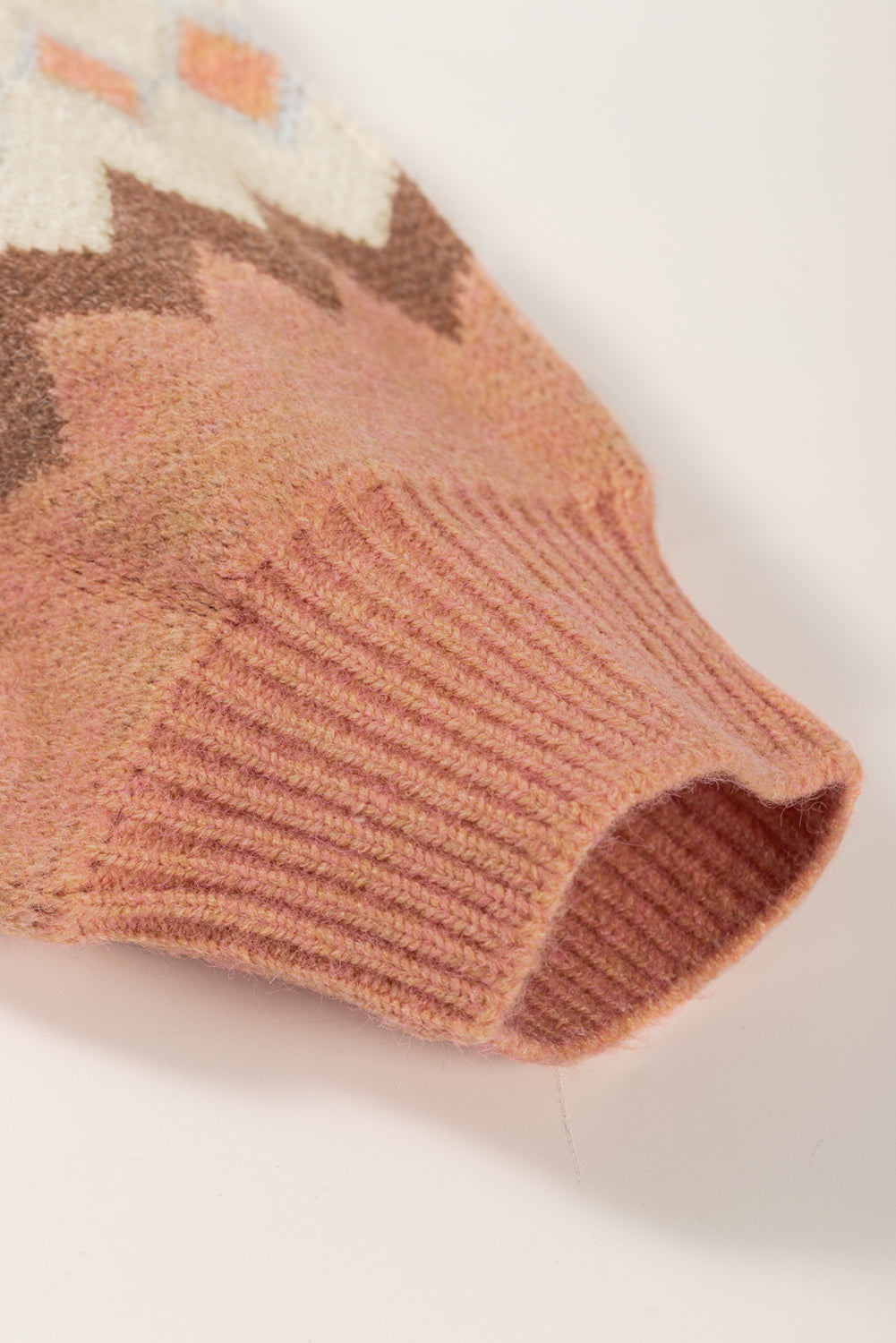 Khaki Ribbed Trim Geometric Pattern High Neck Sweater