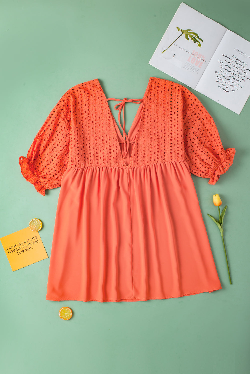 Elegant Eyelet Babydoll Dress with Carrot Contrast Bodice