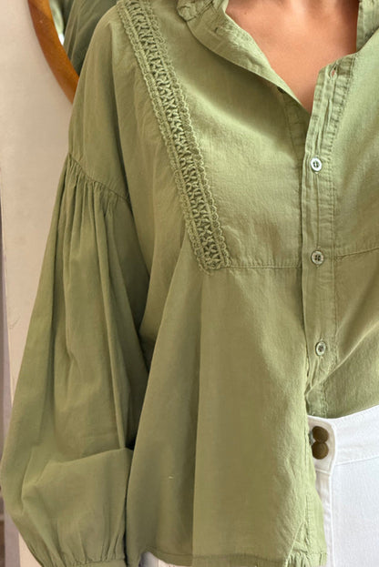 Grass Green Drop Shoulder Puff Sleeve Lace Detail Button Down Shirt