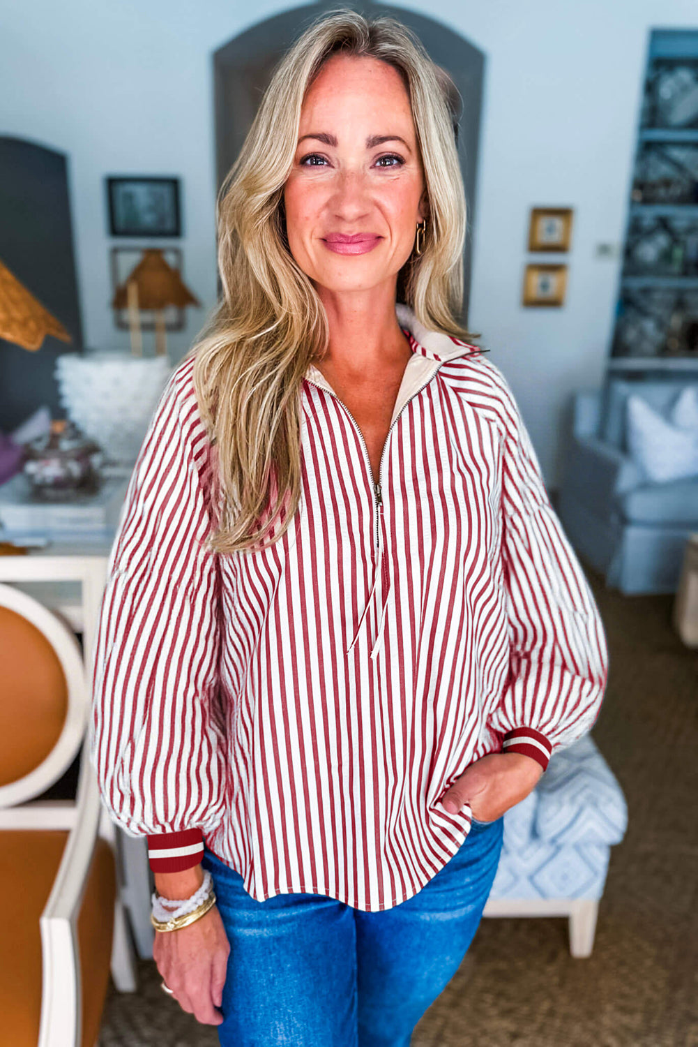 Red Stripe Tie Zip Contrast Trim Long Puff Sleeve Blouse