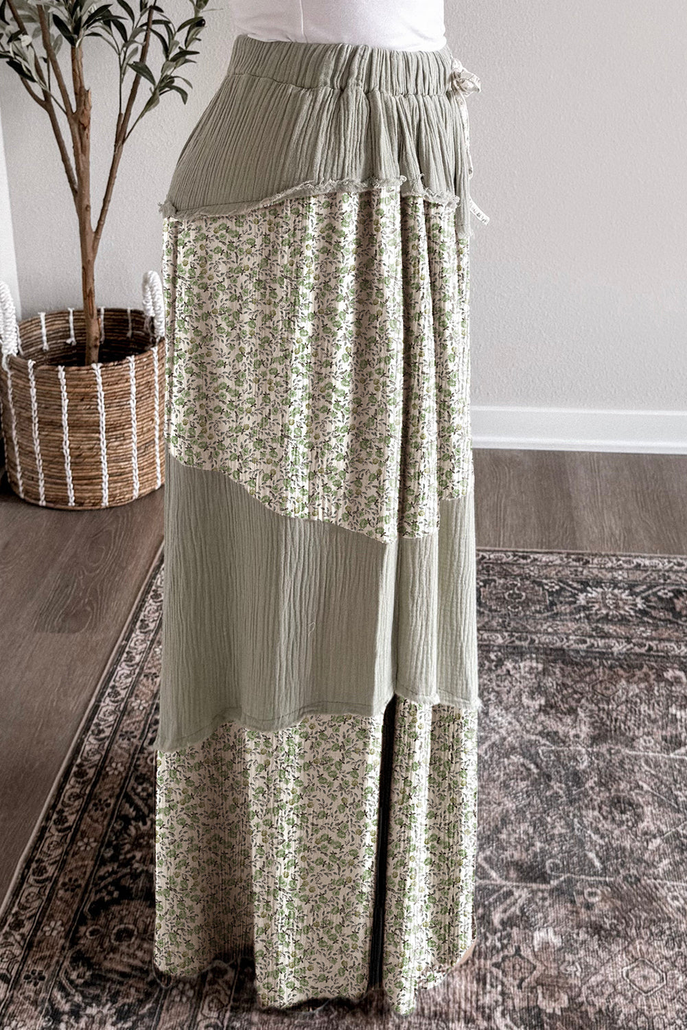 Green Raw Seam Floral Color Block Patchwork Crinkled Wide Leg Pants