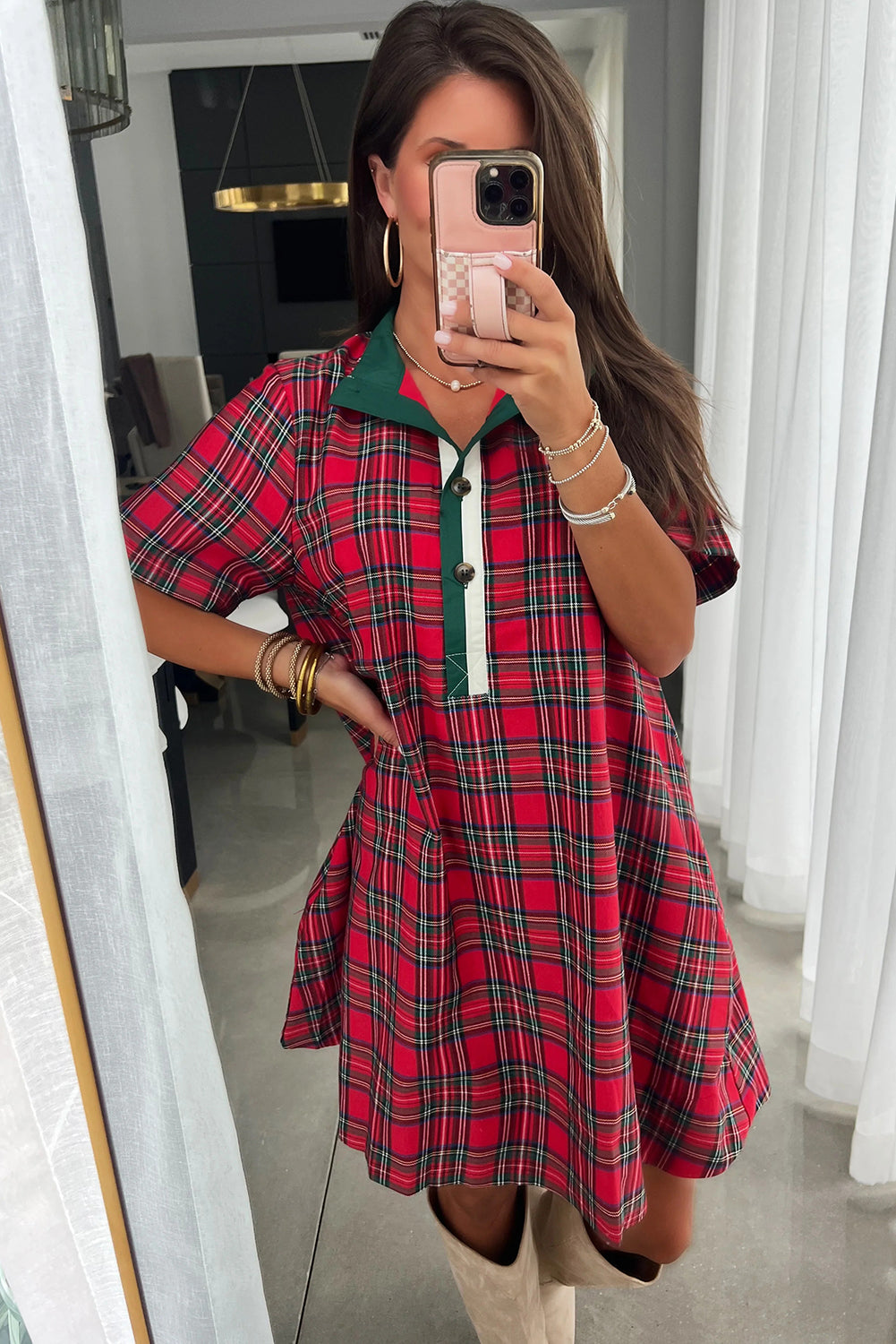 Red Christmas Plaid Striped Trim Button Neck Short Sleeve Dress