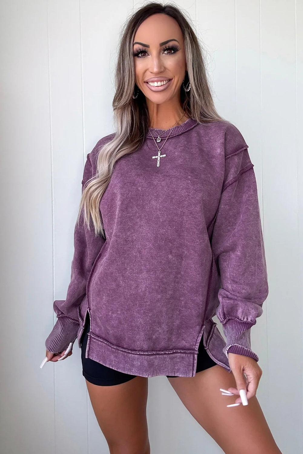 Valerian Mineral Wash Exposed Seam Detail Split Pullover Sweatshirt