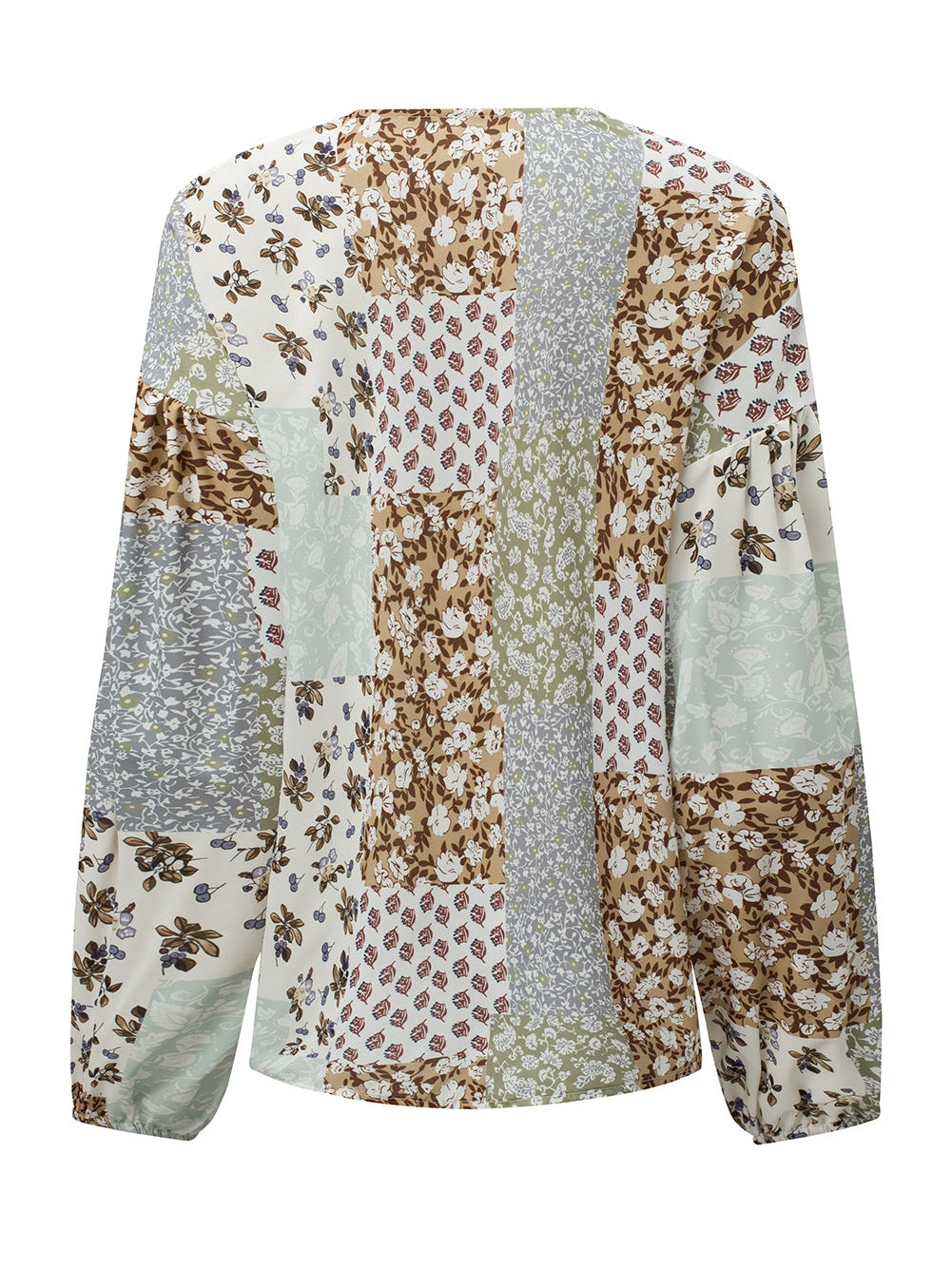 Floral Patchwork Print V-Neck Long Sleeve Blouse