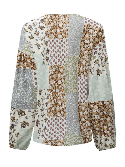 Floral Patchwork Print V-Neck Long Sleeve Blouse