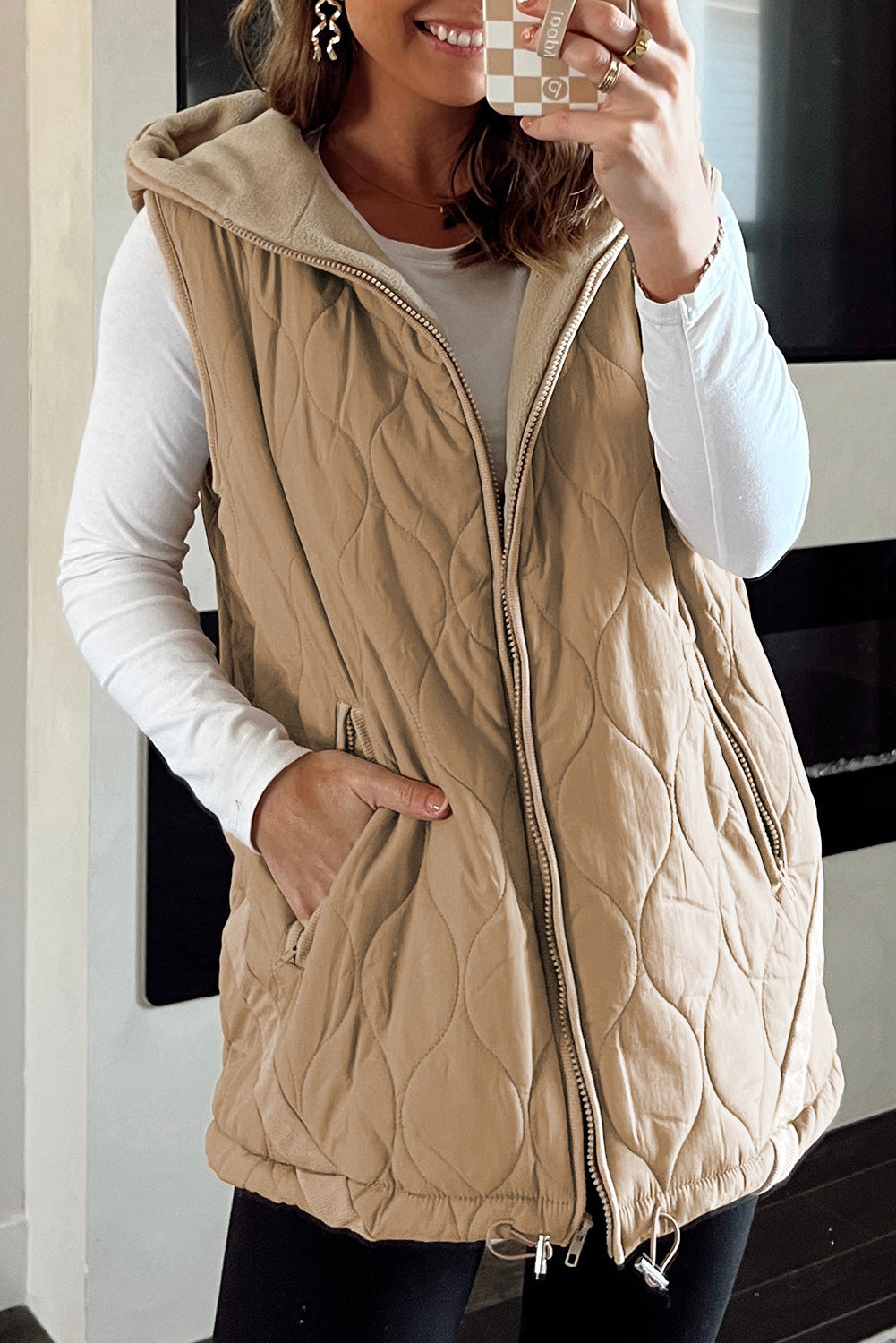 Pale Khaki Quilted Padded Casual Winter Jacket Vest with Fleece Lining
