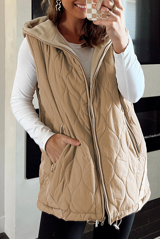 Pale Khaki Quilted Padded Casual Winter Jacket Vest with Fleece Lining