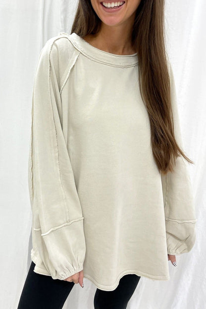 Beige Solid Color Raw Seam Patchwork Baggy Sweatshirt
