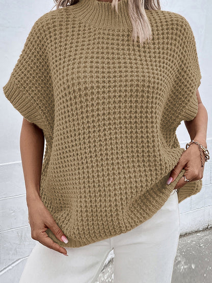 Elegant Light Beige Batwing Sleeve High Neck Knit Sweater for Women