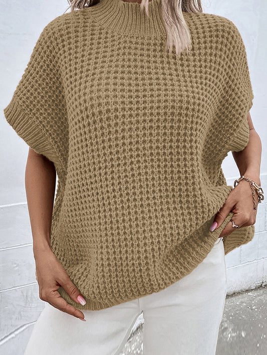 Elegant Light Beige Batwing Sleeve High Neck Knit Sweater for Women