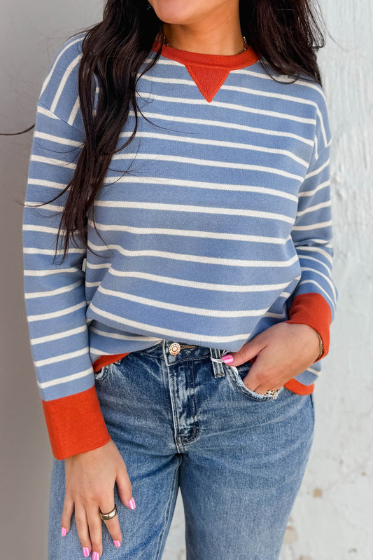 Sky Blue Stripe Ribbed Color Block Detail Drop Shoulder Sweater