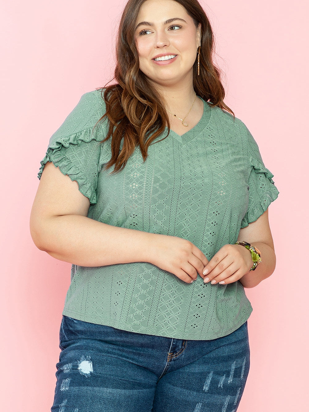 Green Jacquard V-Neck Plus Size Blouse with Petal Sleeves