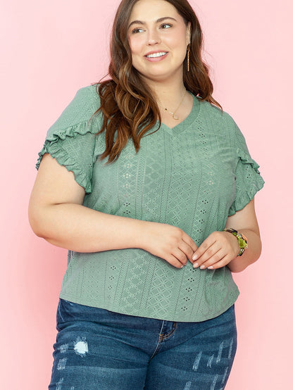 Green Jacquard V-Neck Plus Size Blouse with Petal Sleeves