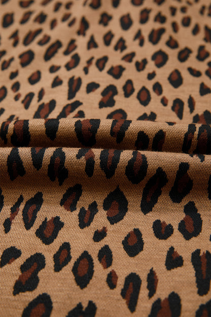 Chestnut Leopard Print Contrast Texture Patchwork Button Flap Pocket Casual Shacket