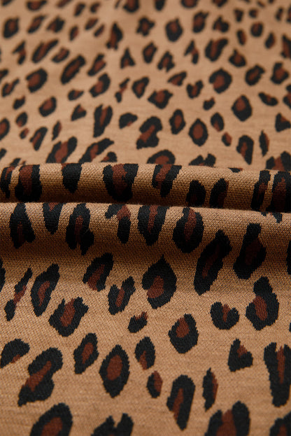 Chestnut Leopard Print Contrast Texture Patchwork Button Flap Pocket Casual Shacket