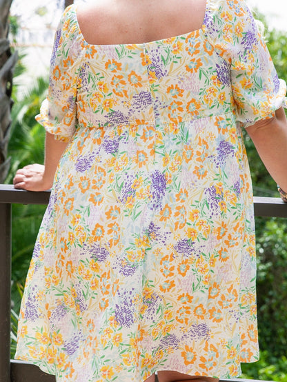 Floral Print Ruffle Sleeve Plus Size Mini Dress