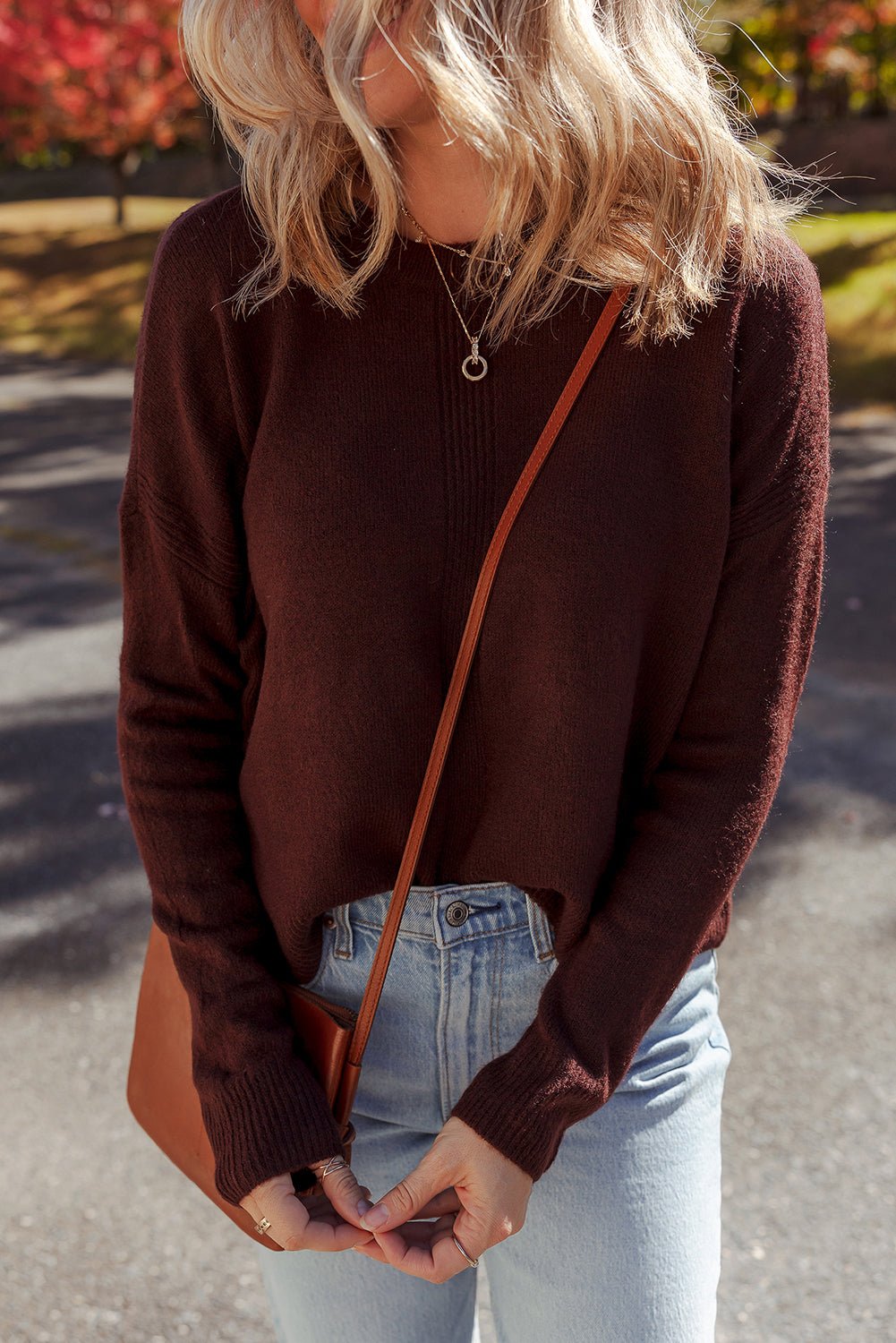 Burgundy Solid Ribbed Knit Drop Shoulder Crew Neck Sweater