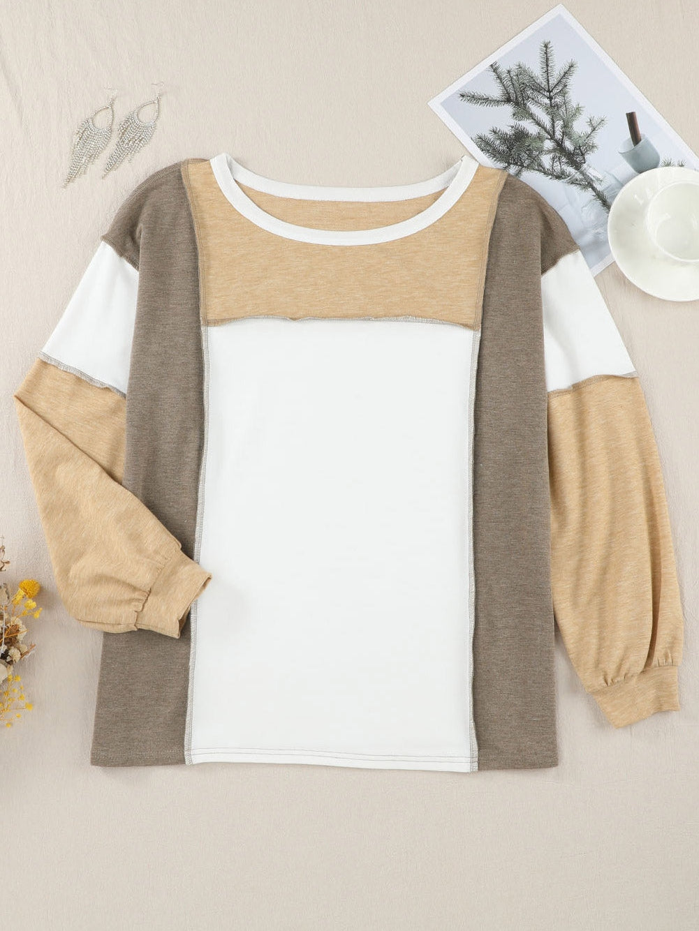 Khaki Patchwork Color Block Knit Top