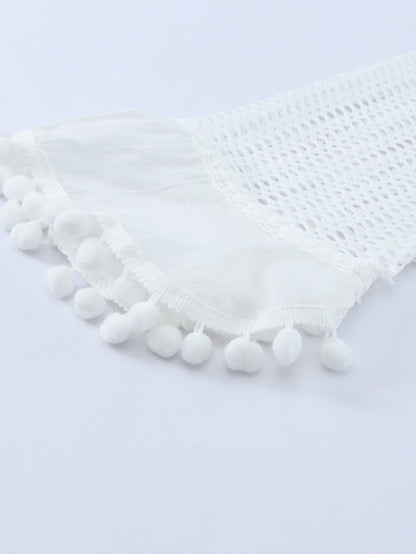 White Crochet Pom Pom Trim Beach Tunic Shift Dress
