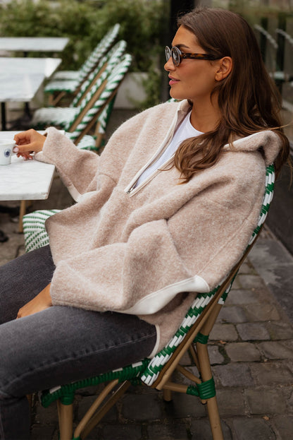 Parchment Woolen Blend Uneven Hem Half Zipped Pullover Baggy Hoodie